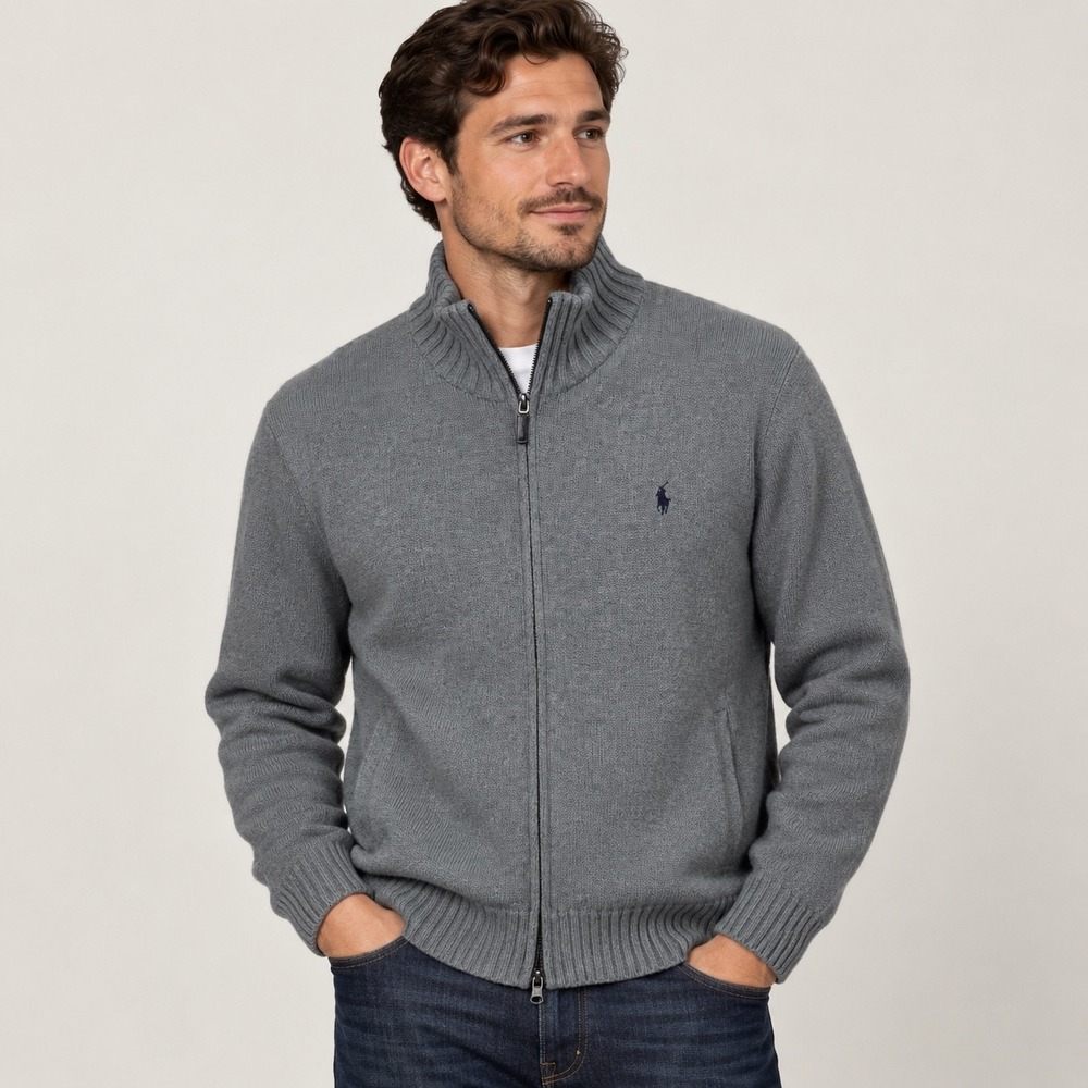Polo Ralph Lauren Full Zip Sweater Mens Medium Grey Mock Neck Cotton Knit